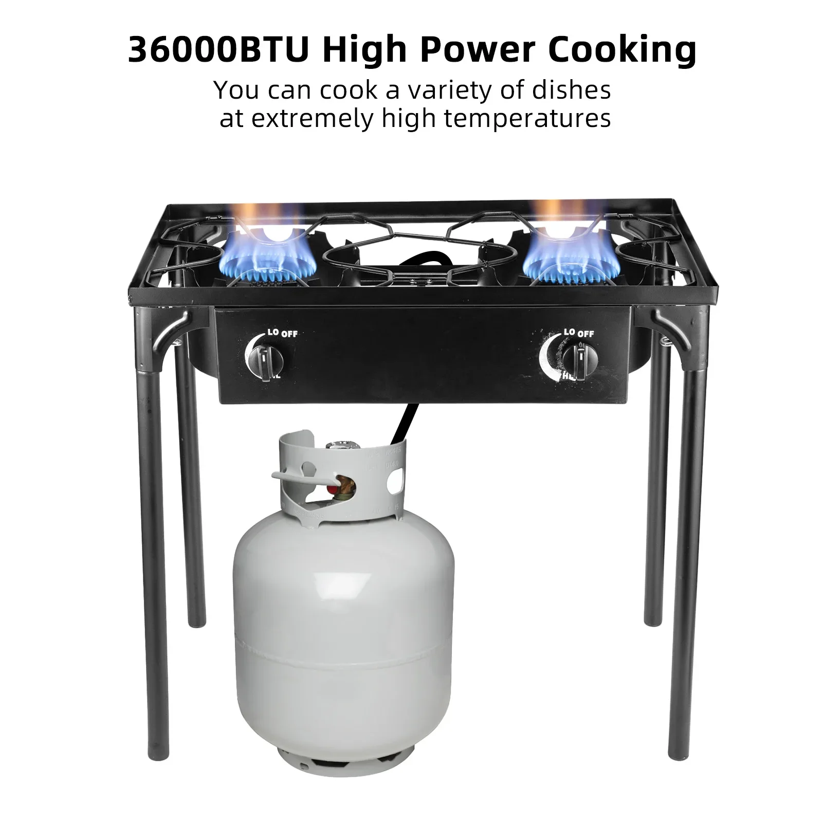 Outdoor High Power Dual Burner Gas Stove, Portable 2 Burner Propane Stove, 36000BTU Camping Cooker for Outdoor BBQ