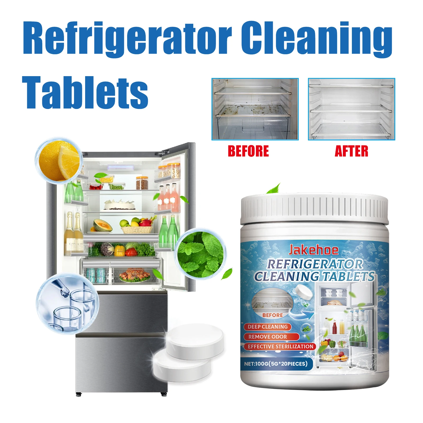 

JAKEHOE Refrigerator Cleaning Descaler of 20pcs/can Icebox Pack-Deep Cleaning Tablets Odor Removing Tablets For Fridge Supplies