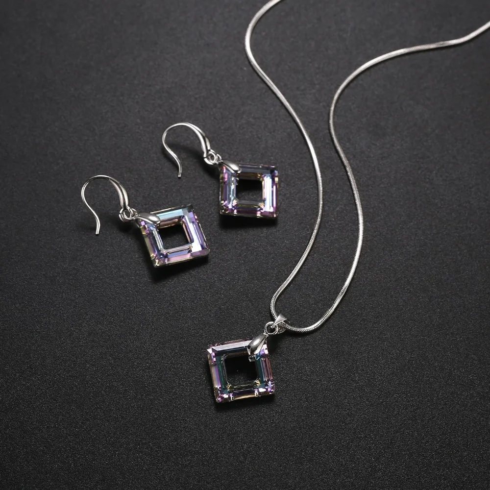 Square Ring Stones Jewelry Sets Genuine Crystal From Austria Silver Color Pendant Necklace Dangle Earrings For Women Accessories