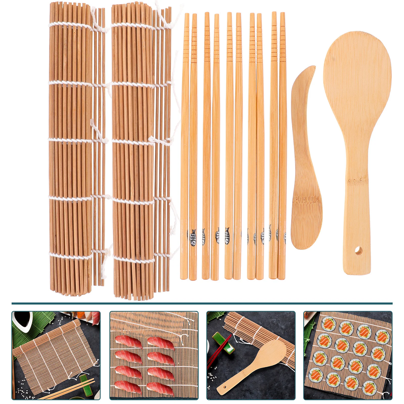 

9 Piece Bamboo Sushi Making Kit Strong Set for Beginner Home DIY Sushi Mat Scoop Roller Tool Rolling Mat and Scoop