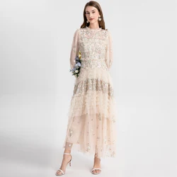 Luxury Fashion Autumn Mesh Embroidery Flower Holiday Long Clothes Elegant Women Ruffled Collar Ear Fungus Edge Party Dress Robe