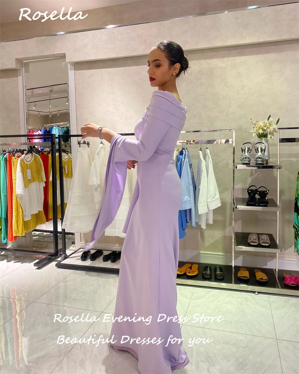 ROSELLA Light Purple Boat Neck Women Dresses For Special Events Floor Length Long Sleeves Mermaid Saudi Evening Dress New 2023