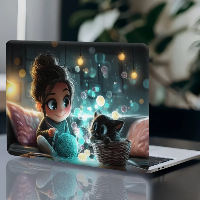 Laptop Sticker [European and American Style] Cute Cat and Little Girl Weaving Scene Laptop Sticker - Computer Protective Case,