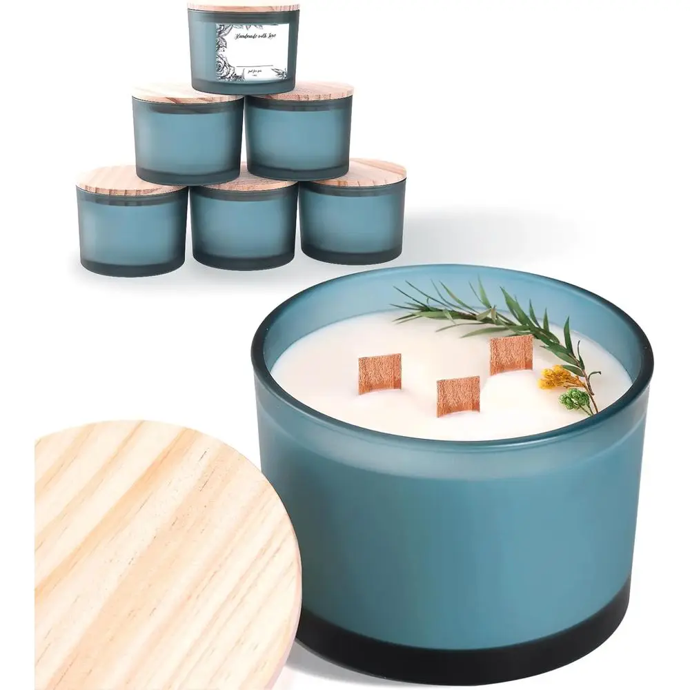 

6-Pack 16oz Roasted Lake Blue Glass Candle Jars with Lids and Labels for Large Candles