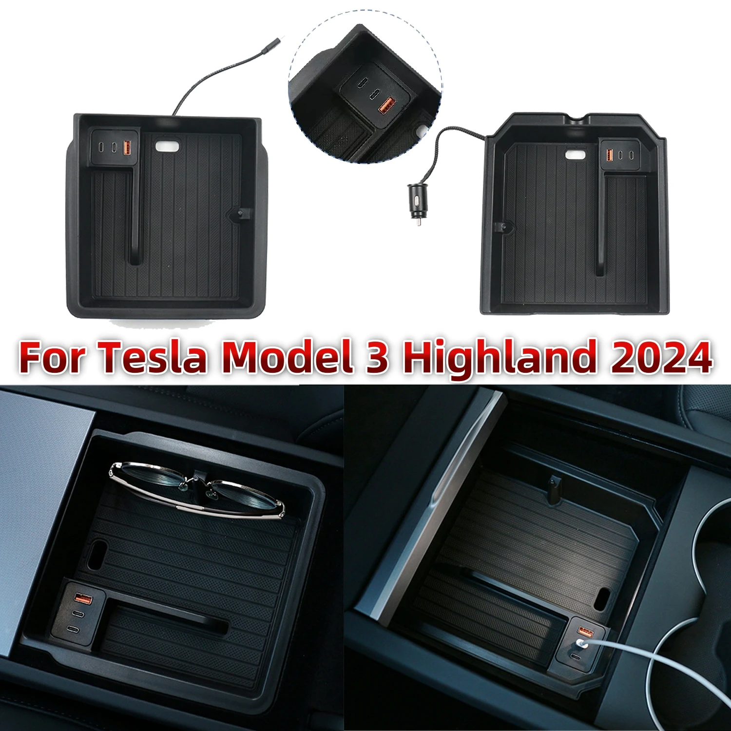 

For Tesla Model 3 Highland 2024 Center Console Organizer and Armrest Storage Box Trays With USB Charging Cables Hub