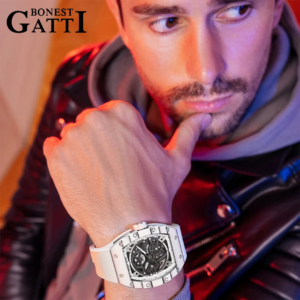 BONEST GATTI German Brand Automatic Movement Mechanical Watch Business Carbon Fiber Bezel Tonneau 30ATM Night Light BG-9004