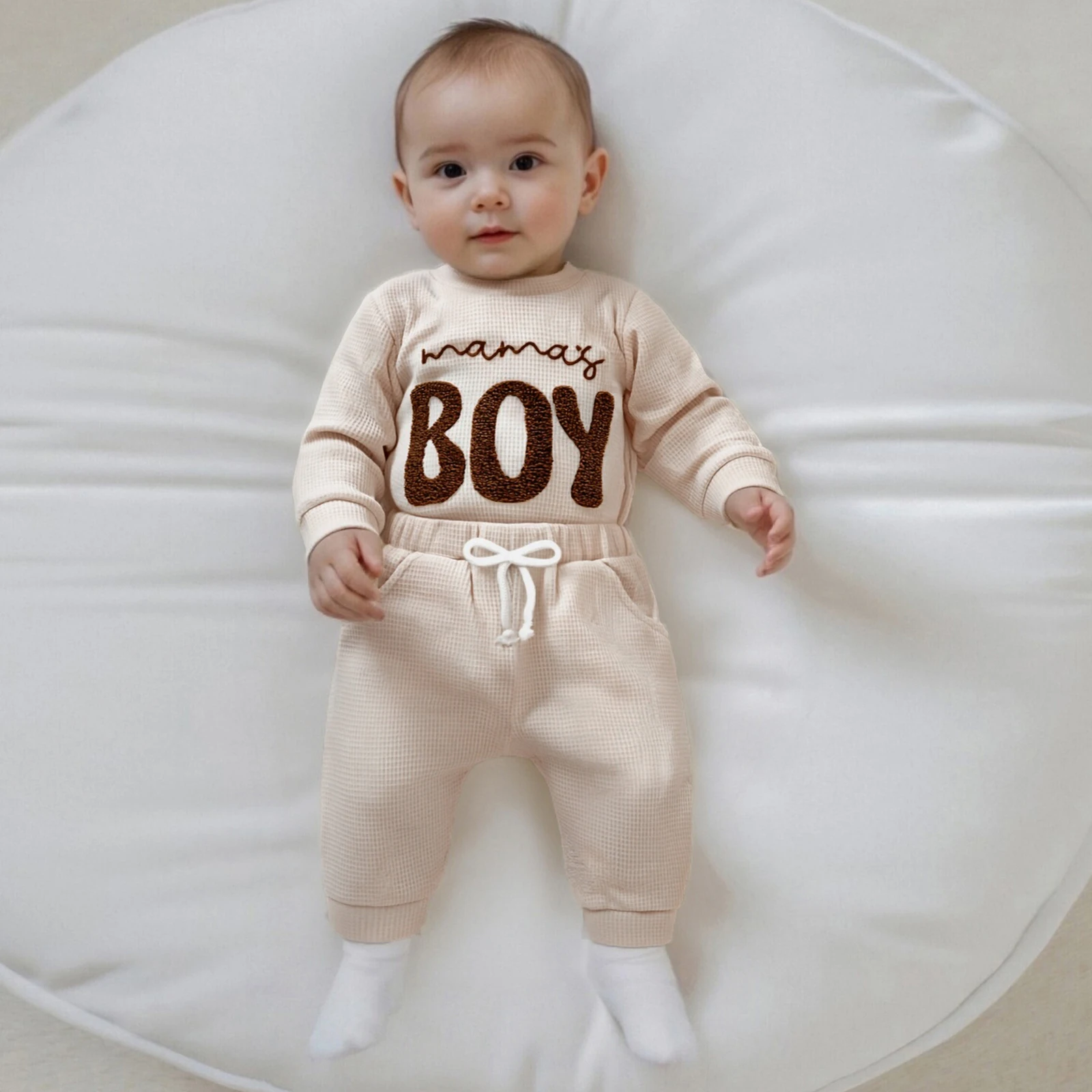 Baby Boys Waffle Pants Set Long Sleeve Crew Neck Embroidery Letters Romper with Pants Fall Boys Casual Outfit