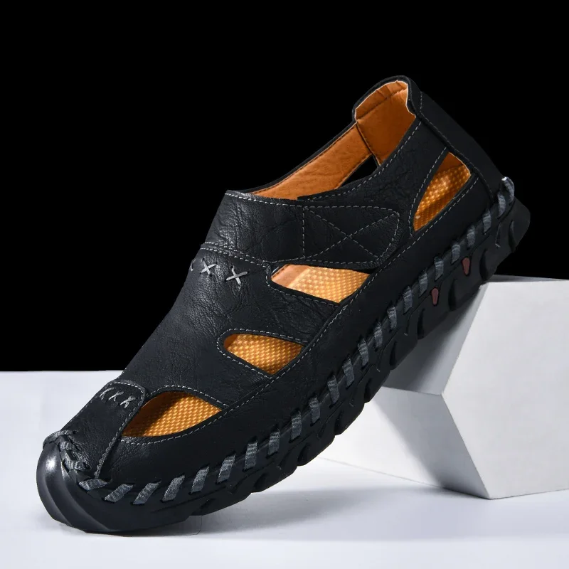 صنادل جلدية رومانية صيفية للرجال - نعل ناعم غير قابل للانزلاق كاجوال للرياضات الخارجية والقيادة على الشاطئ