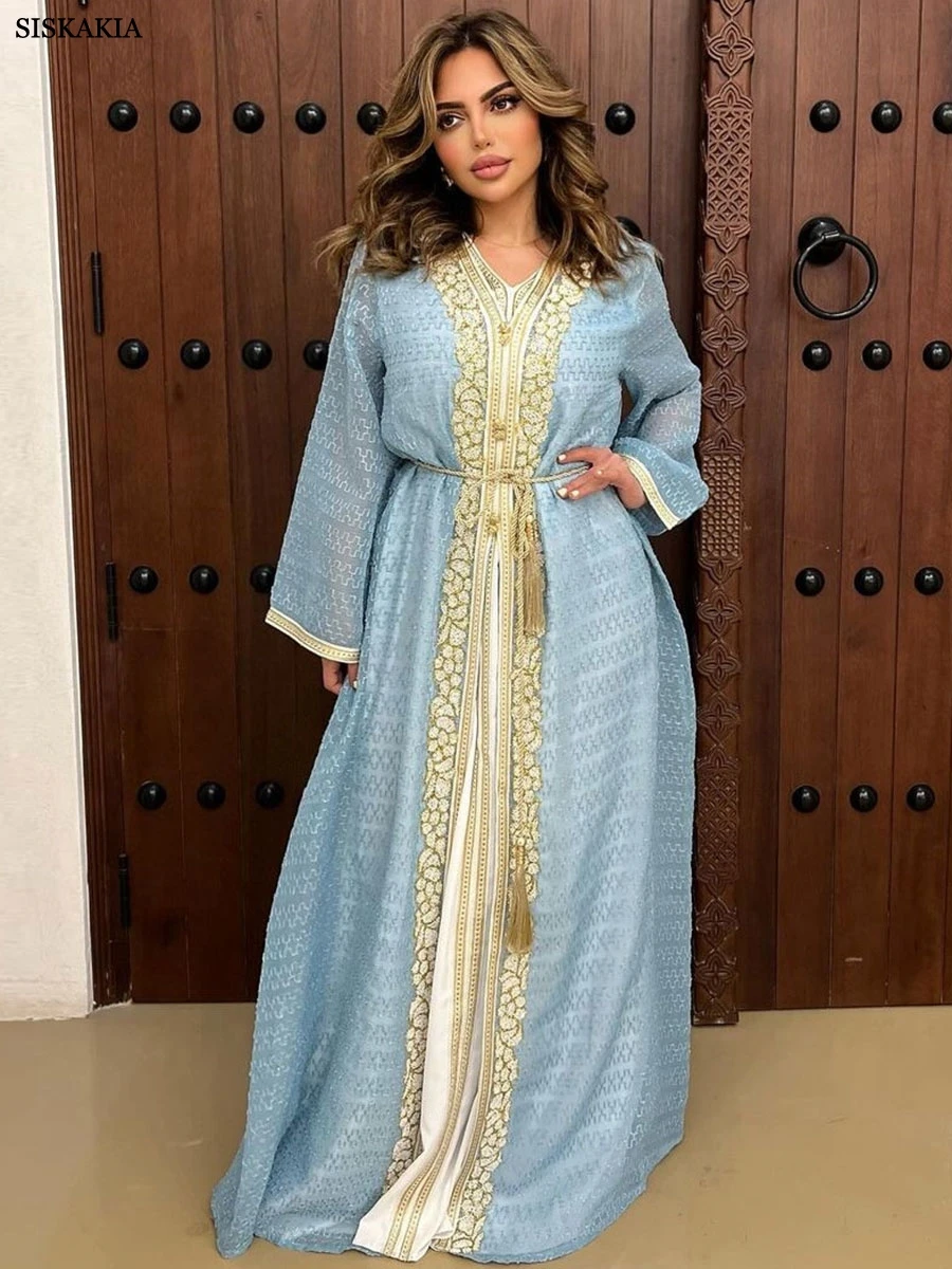 

Siskakia Fashion Muslim Dubai Luxery Woman’s abayas Two Piece Set With Sashes V-Neck Belted Satin Dresses Moroccan Islamic Robe