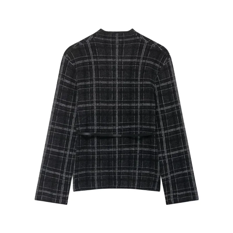 เสื้อคาร์ดิแกนไหมพรมลายตารางสำหรับผู้หญิง แขนยาว คอวี พร้อมเข็มขัด สไตล์วินเทจ ยืดหยุ่น ทันสมัย