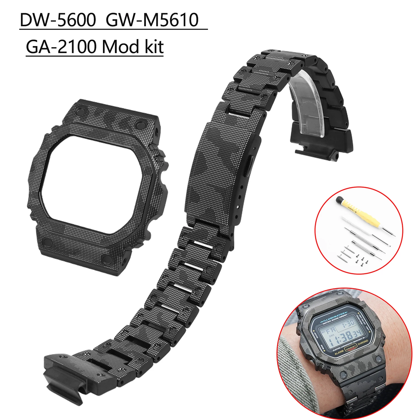 カシオ-dw-5600-gw-m5610-シリーズ用-新しく改良された迷彩ステンレススチールストラップ改造キット-ga2100-チタン合金時計バンド-ベゼル