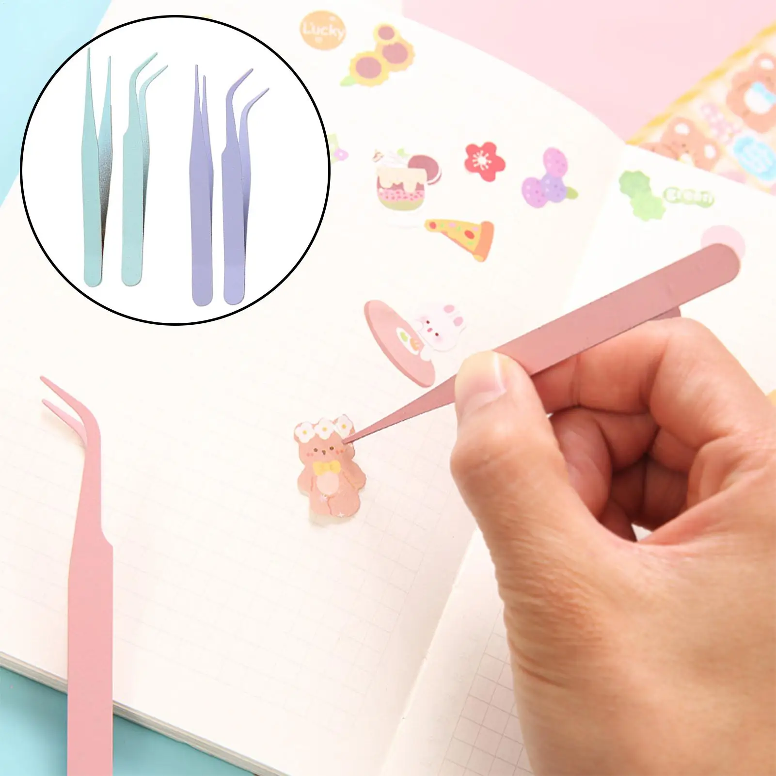 2Pcs/set Scrapbook Tweezers Stainless Steel DIY Crafting Lashes Stickers Colorful Straight and Curved Tips Eyelash Tweezers