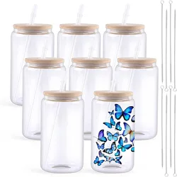 HTVRONT-Tumblers de sublimação com tampa de bambu, vidro transparente ou fosco, Sublimação Tumbler Blanks, DIY para copos de café gelado, 8 4 Pack 16oz