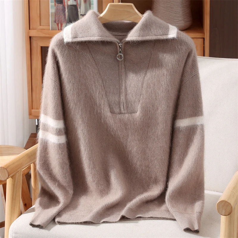 Women's 100% Mink Cashmere Autumn Winter Collared Pullover Sweater with Zipper Casual WarmSoft Knit Unisex Top