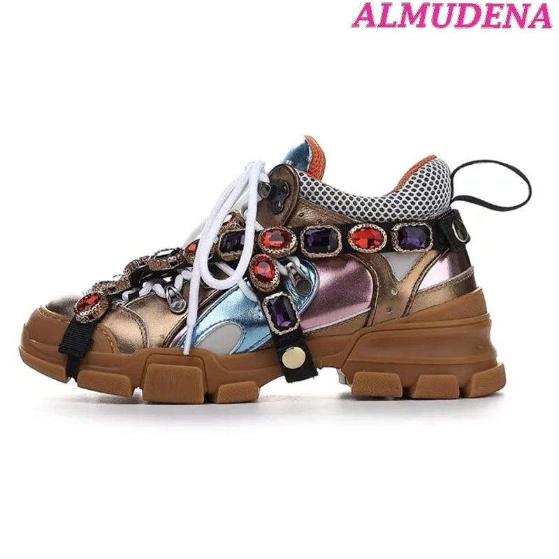 Men and Women Luxury Gem Chain Sneakers Real Leather Top Quality Lace up Crystal Hiking Shoes 2023 Trend Designer Soprts Shoes