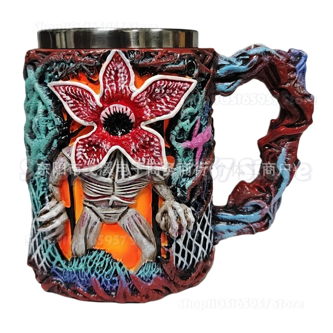 

Stranger Mug Man-Eating Flower Design Mug 3D Relief Resin Stainless Steel Mug Halloween Party Essential Gift for Fans