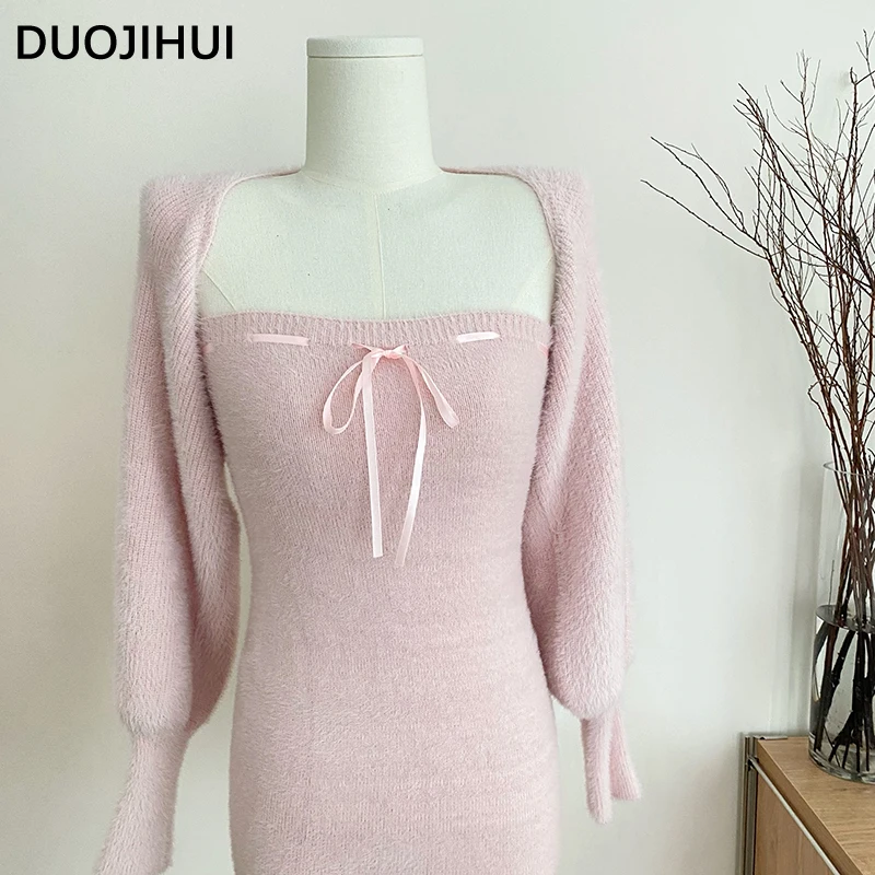 DUOJIHUI Two Piece Pink Sweet Women\'s Dresses Korean Style Knitting Soft Chic Bow Canshoulder Blast Pure Color Female Mini Dress