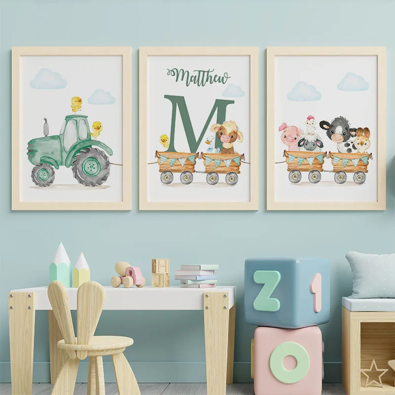 Tractor, ganado, ovejas, cerdos, conejos, patos, animales, arte de pared, pintura en lienzo, carteles nórdicos e impresiones, imágenes, decoración para habitación de bebés y niños