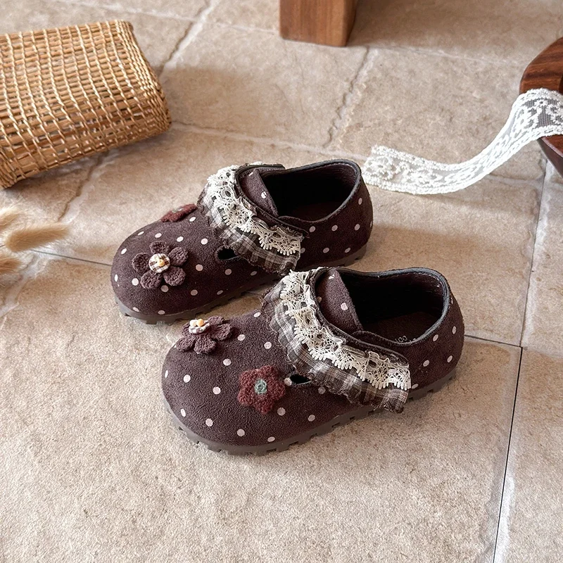 Little Girls Polka Dot Flower Suede Shoes, Plaid Lace Trim Hook-and-Loop Soft Sole Retro Flats