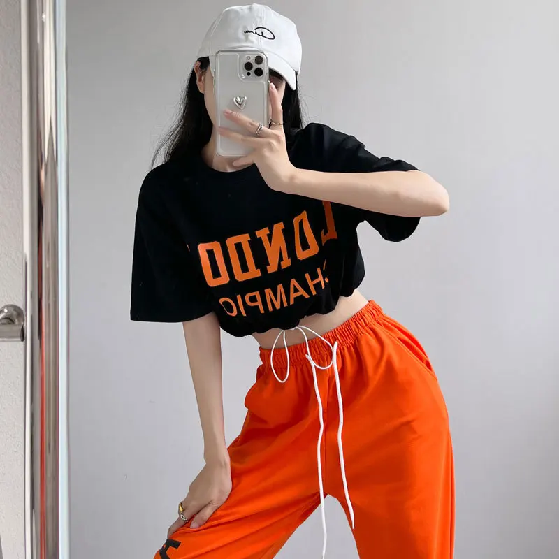 Adult Hip Hop Clothing Black Tops Orange Pants Casual Overalls Street Dance Wear Jazz Performance Clothes Hip Hop Dance Costumes