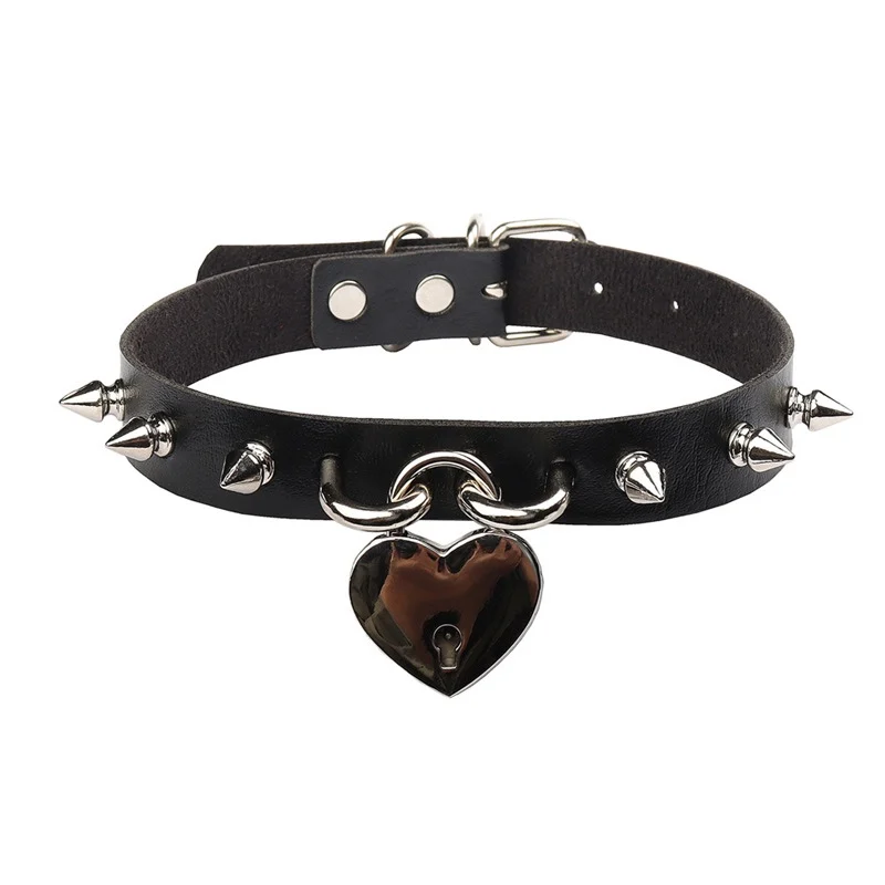 Dark Punk Rock Sweetheart Love Lock Pendant Leather Riveted Collar