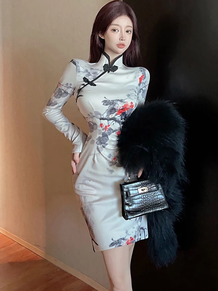 2024 weiß Floral Langarm Bodycon Mini Kleid Frauen Koreanische Vintage Cheongsam Kleid Herbst Winter Elegante Luxus Abendkleid