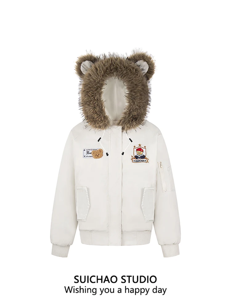 

Suichao American Sle Retro Bear Ear Detachable Hooded Bread Cotton Jaet Loose Outerwear Thiened Long Sve Youth Casua...