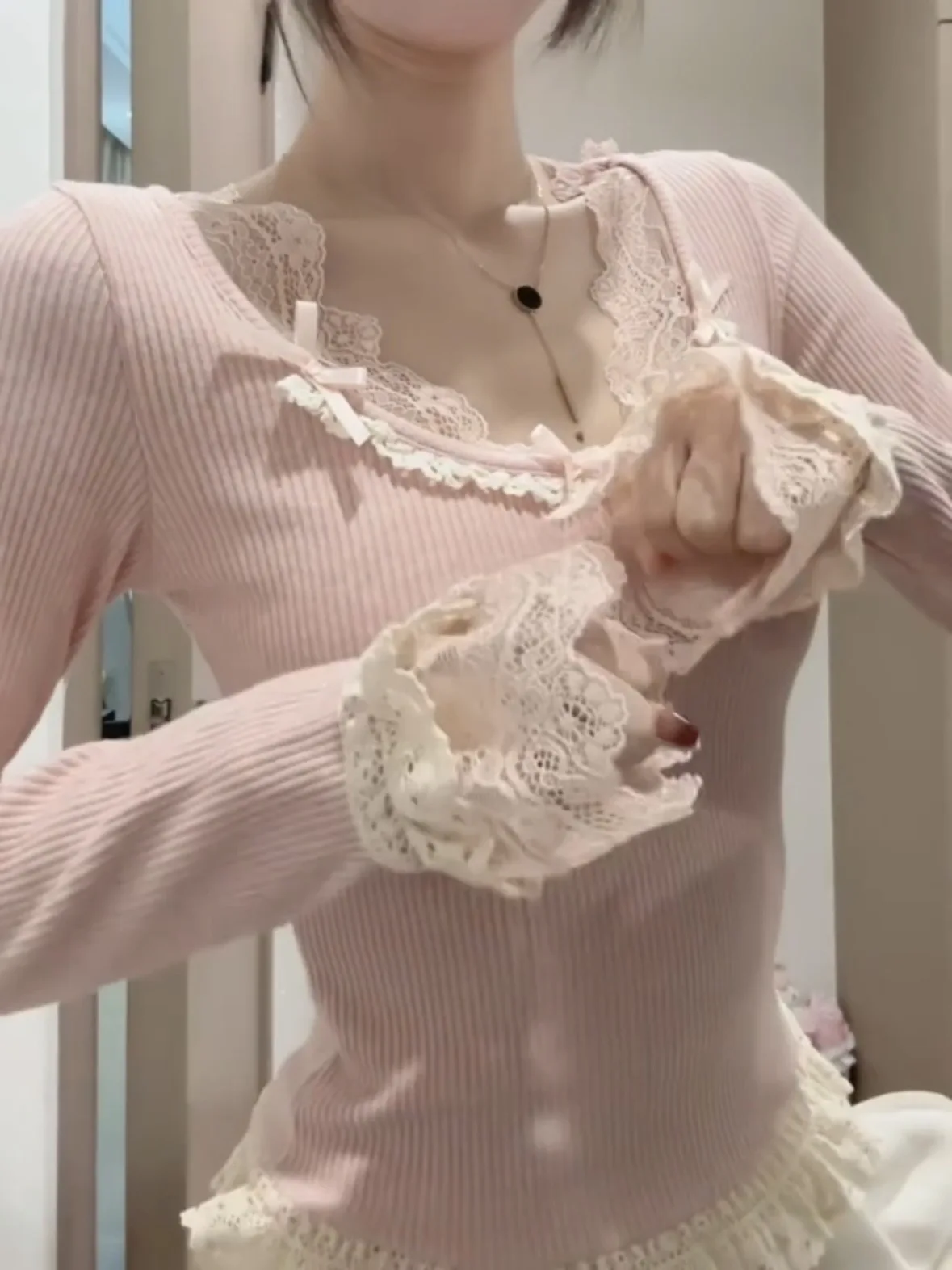 

Sweet Soft Knitted Lace Trim Fitted Women's Base irt Ballet Sle Spring Autumn Knot Warm Top Korean Sle ort ...