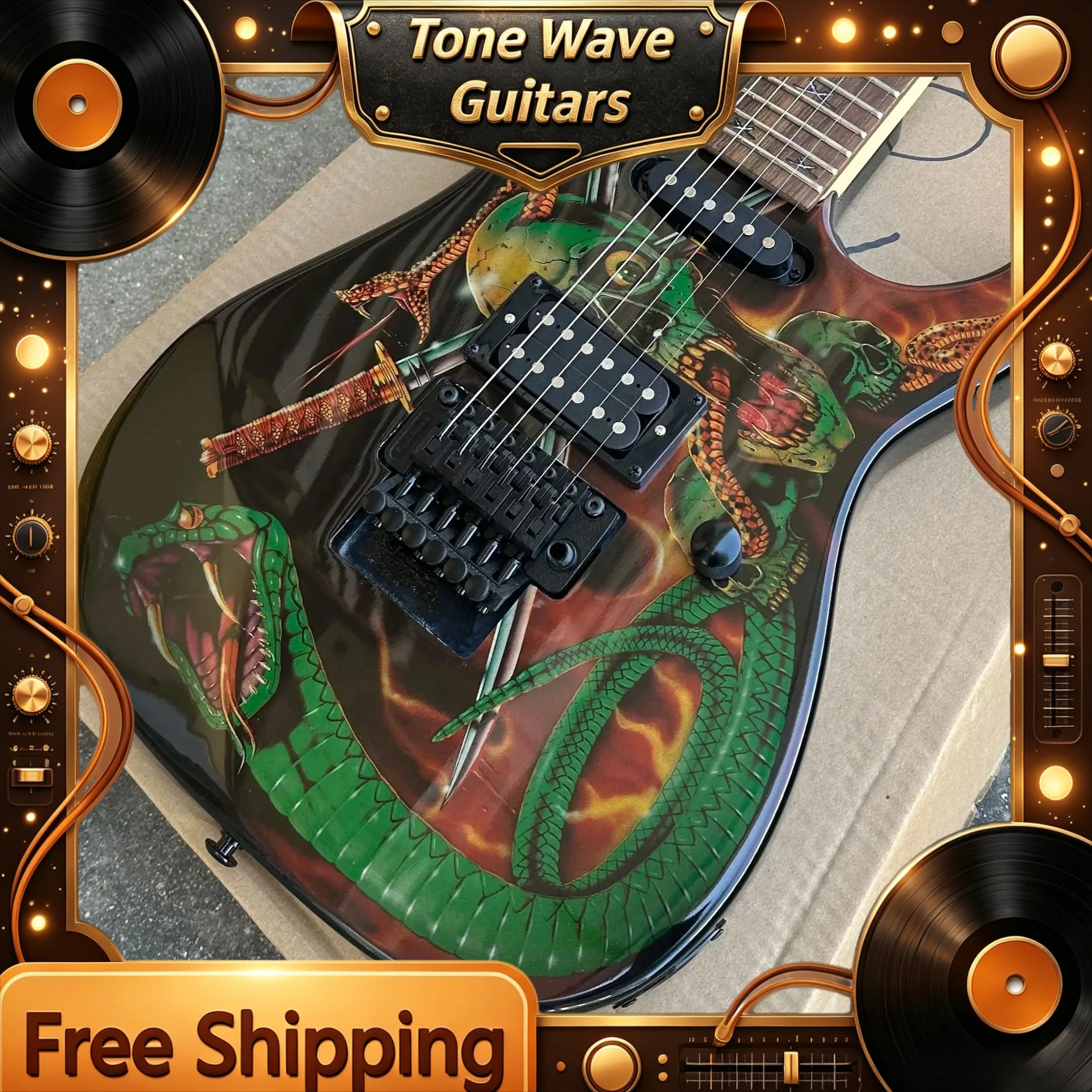 Factory Direct Product STR001 Skeleton Viper Warrior Sword Painted Double Shake Heavy Electric Guitar Professional Performance