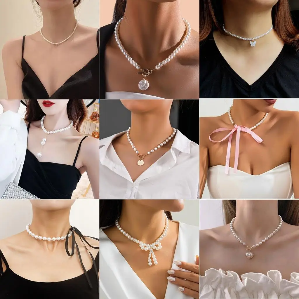

Cross-Border Luxury Pearl Nelace Sweet Cool Sle Ribbon Knot Heart Clavicle Chain Jewelry Accory for Men