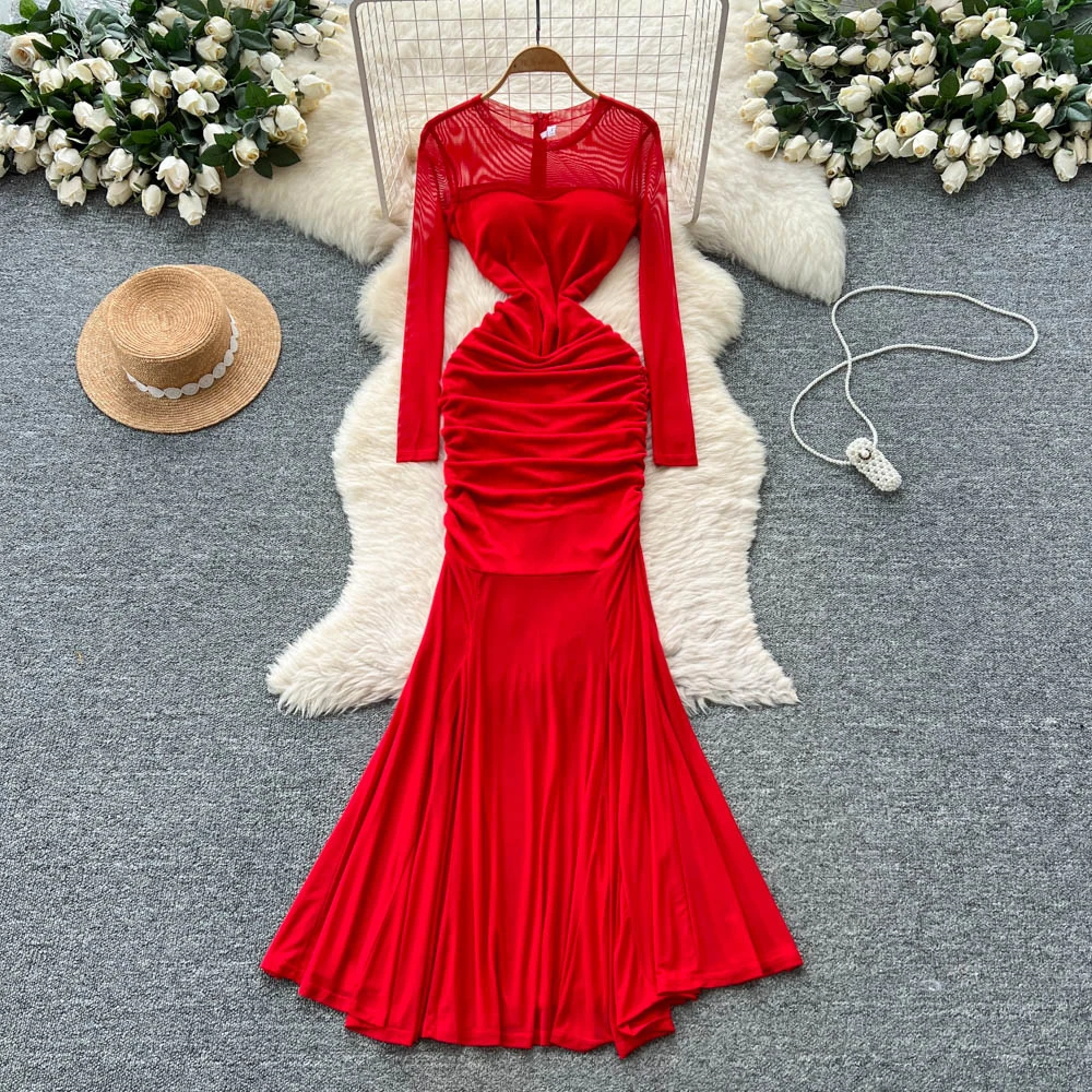 ชุดเดรสทรงเมอร์เมดแขนยาวคอโอวินเทจเก๋ไก๋สไตล์เกาหลีสำหรับผู้หญิง แฟชั่นฤดูใบไม้ร่วง เหมาะสำหรับงานพิธี