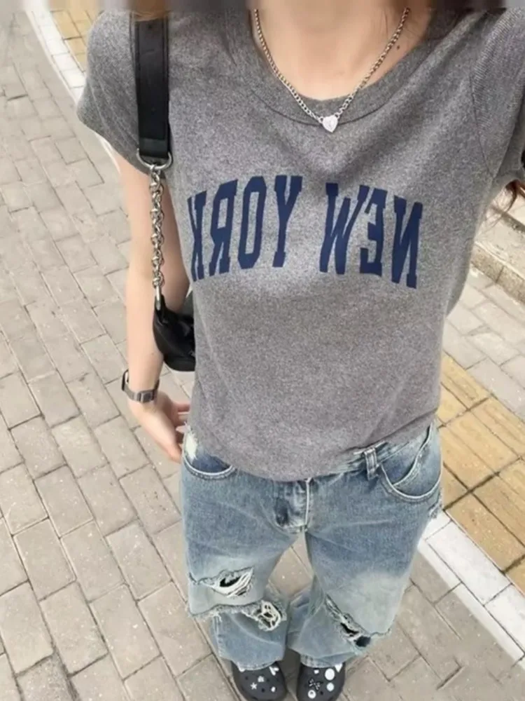 Casual Women Cotton Grey Tees 2023 Summer Fashion Ladies Casual O Neck Short Sleeves Female Letter Printed Tops