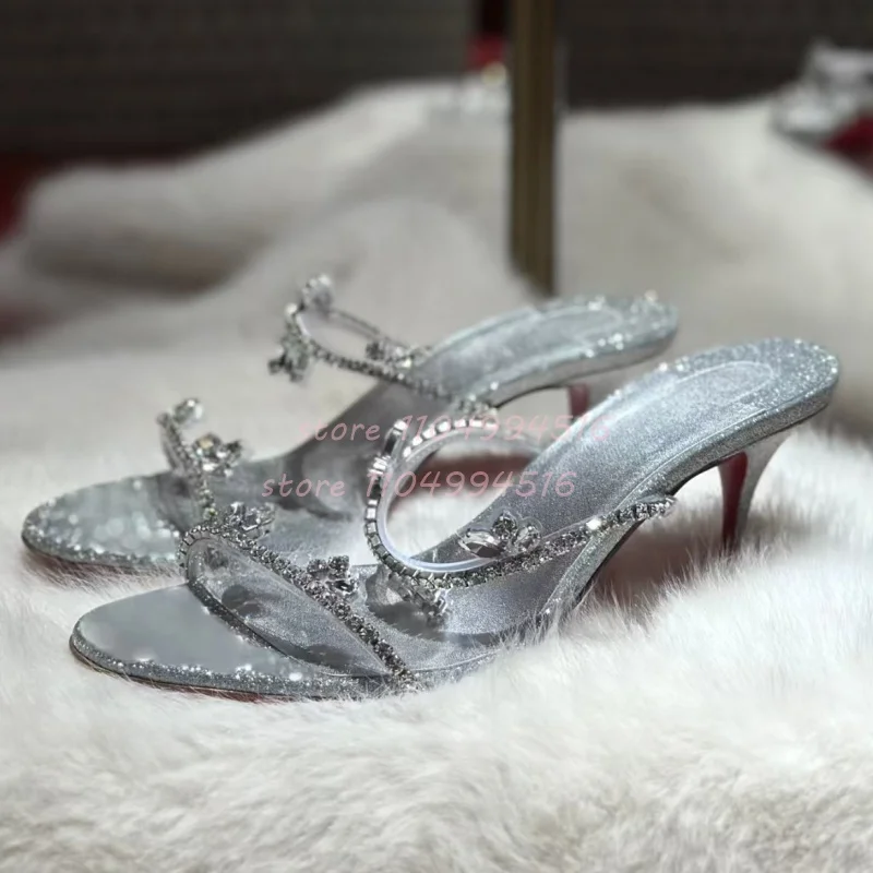 

Silver Shiny Crystal One Strap Slippers Women Rhinestones Slip On Stiletto High Heels Pink Luxury Elegant Party Wedding Slippers