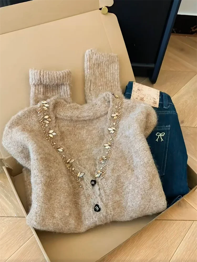 

Korean Style Heavy Work Beaded Diamond V-Neck Knitted Open Cardigan Women's Autumn Winter New Fashion Anti-Aging Sweater