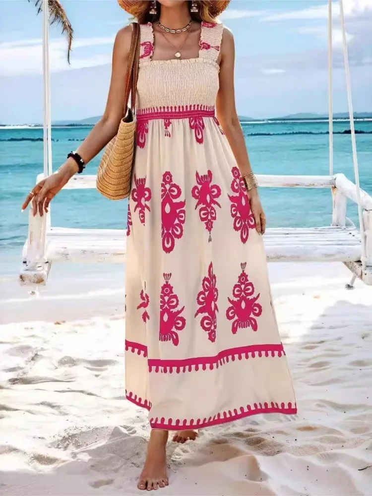 Frauen Sexy Strap Strand Urlaub Sommerkleid Sommer Mode Druck Ärmellose Elastische Brust Einfache Boho Casual Midi Kleider