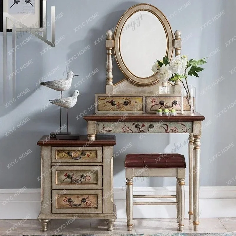 XXBeautiful   painted retro dressing table makeup mirror bedroom makeup stool set art multi-functional dressing table