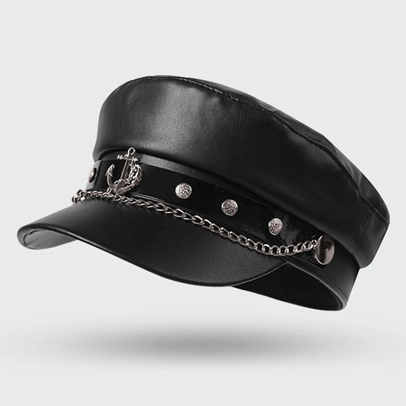 Black Matte PU Leather Sailor Beret Punk Chain Anchor Flat Top Newsboy Cap Vintage Navy Style Octagonal Hat Streetwear