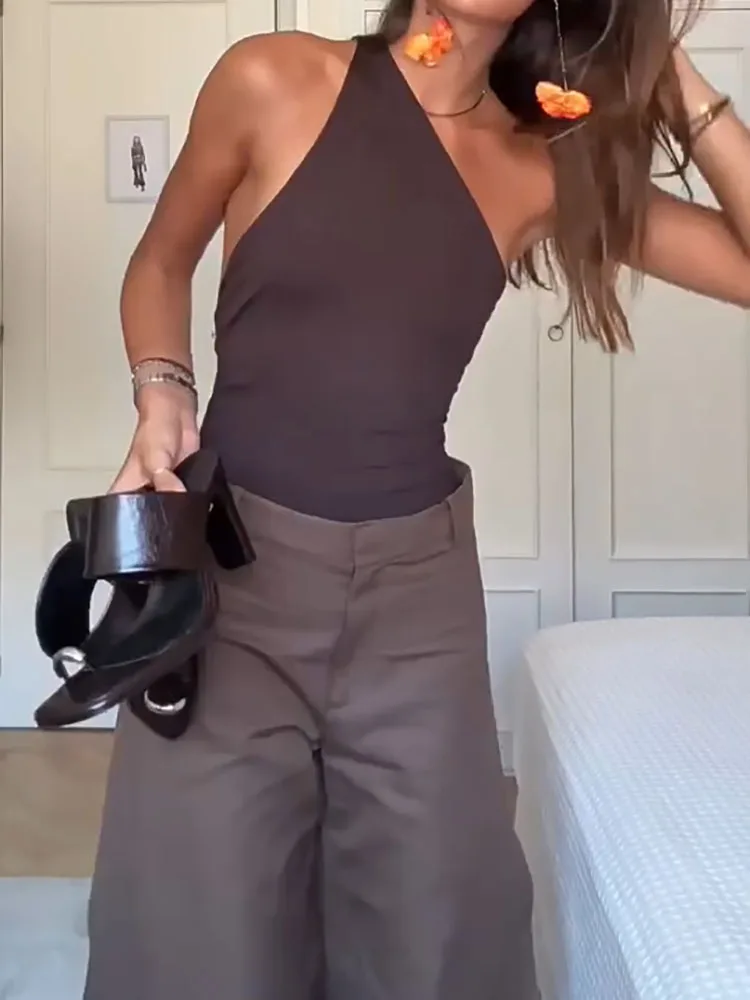 مثير مائل الرقبة بلا أكمام بلوزات واسعة الساق السراويل دعوى موضة الجوف أكمام المرأة 2 قطعة مجموعة عادية غير النظامية الصلبة الزي