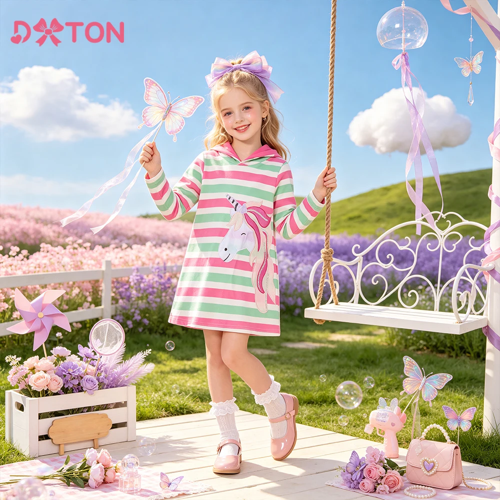 DXTON Kinder-Tageskleid mit Kapuze, gestreift, Einhorn, Kleinkind-Urlaubskleidung, Applikation, Kinder-Kapuzenpullover, gerades Kleid, Herbstkostüme