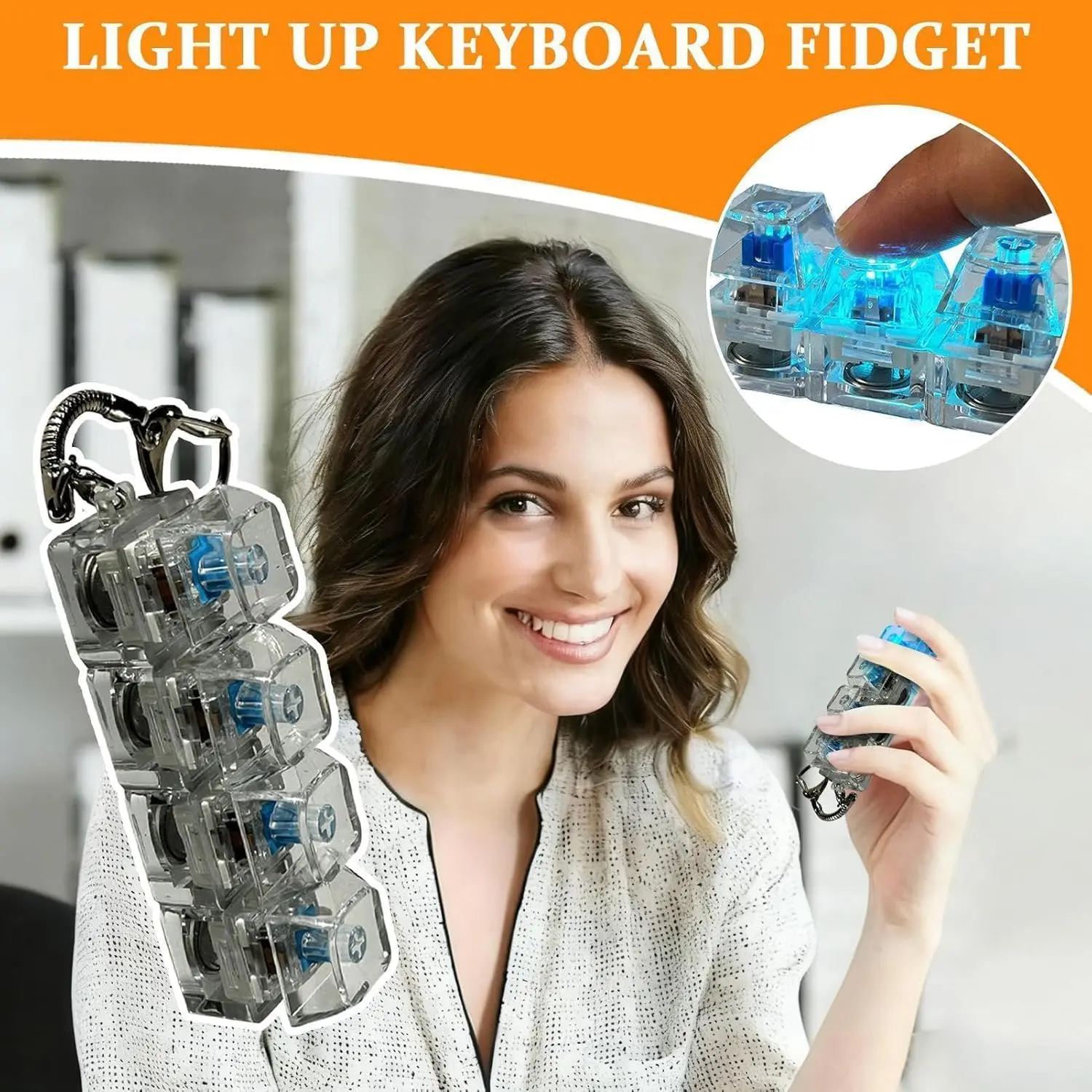 LED-Licht Tastatur-Schlüsselanhänger Fidget-Spielzeug Klickbarer Knopf Stressabbau Tragbares Schreibtisch-Accessoire Bürodekoration Geschenk Angstlinderung – Detail 7