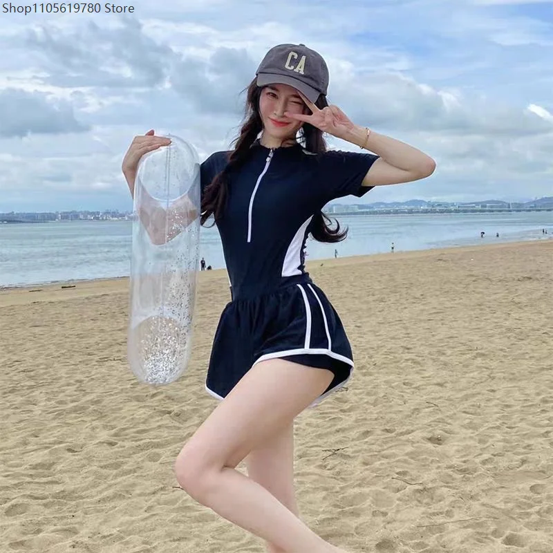 Womens Short Sleeve One Piece Sports Swimsuit Full Coverage Slim Flat Leg Bathing Suit Conservative Hot Spring Cosplay Costume