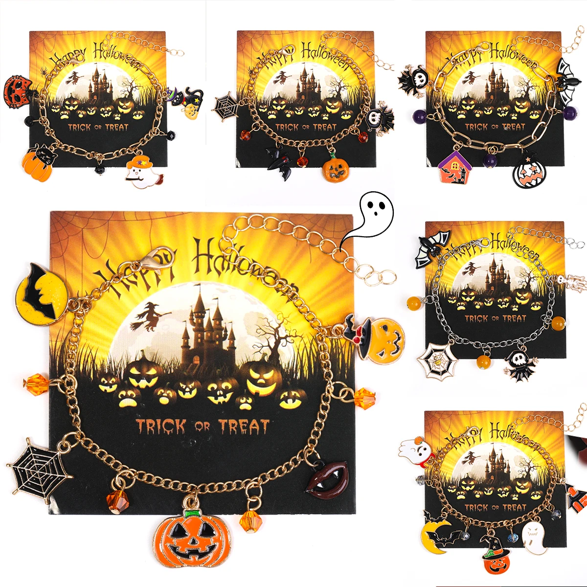 Pulseras con colgante de calabaza y calavera para mujer, serie de Halloween, divertido fantasma, araña, murciélago, cadena de Metal, pulsera con dijes, regalos de joyería para fiesta