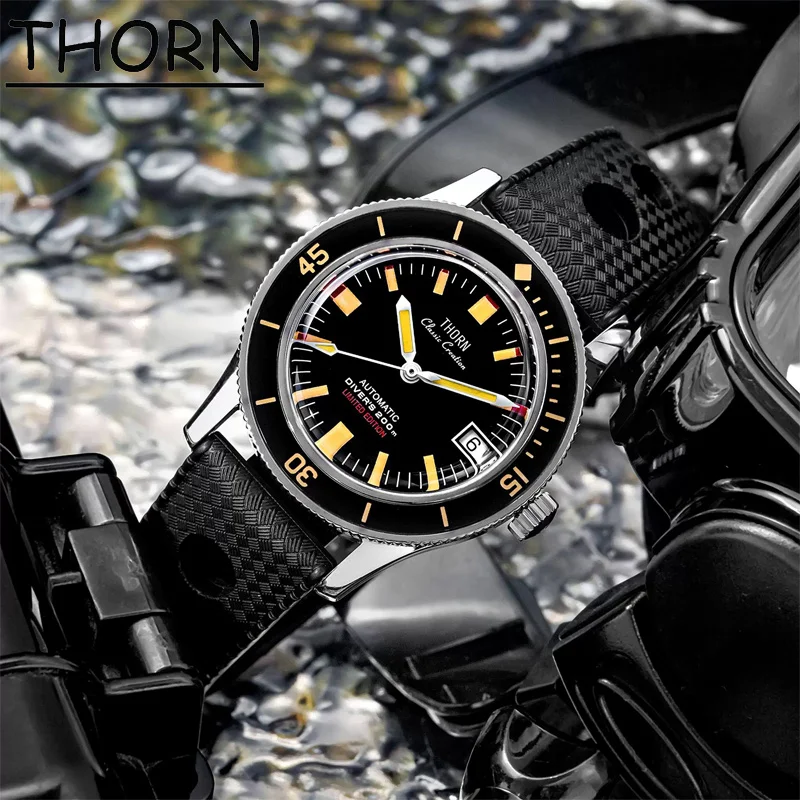 Thorn T006 Vintage Watch 50-Fathoms Titanium Case PT5000 Movement 20ATM Waterproof Sapphire Glass Luminous 38mm Diver Watches