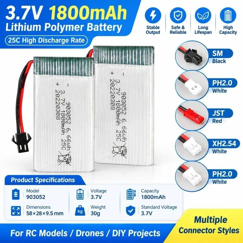 for 3.7V 1800mAh 25C High Rate Li Polymer Battery 903052 with Protection Board for RC Model Aircraft Drone Factory Sales
