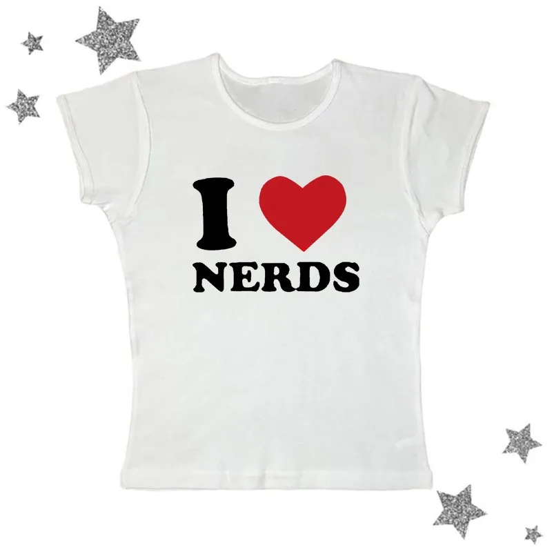 I Love Nerds Letter Print Goth T-shirt Women Harajuku Short Sleevd Tops US Street Sexy Clothes Slim Emo Baby Tees Y2K Crop Top