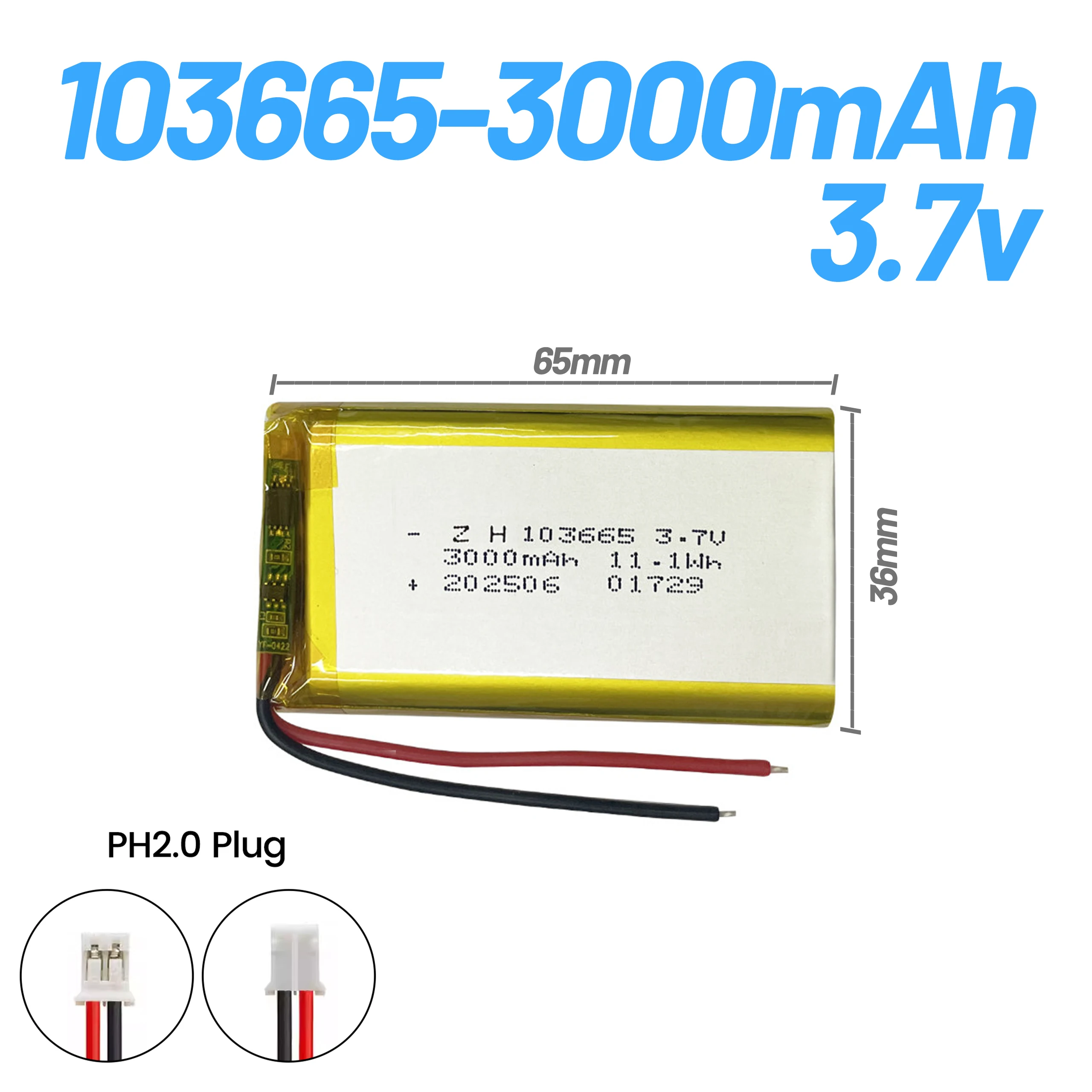 

Rechargeable 3.7V 103665 3000mAh polymer lithium battery+protective board for GPS, Speaker with PH2.0 Plug/XH2.54 Plug Connector