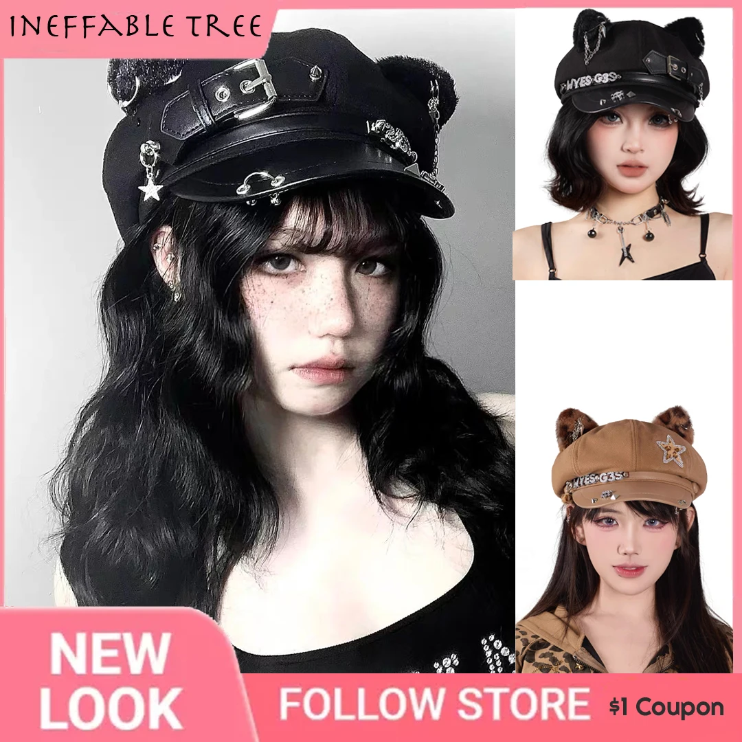 

Harajuku Gothic Women Y2k Girl Grunge Punk Personality PU Leather Beret Hats Chic Streetwear Goth Lolita Rock Caps Sombrero