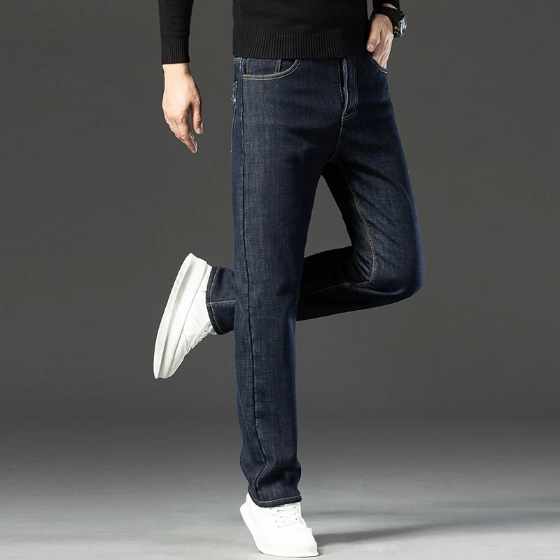 الرجال الخريف الشتاء صوف مبطن سميكة الجينز الذكور فضفاضة مستقيم مرونة الدنيم السراويل الدافئة الذكية بناطيل كاجوال #3