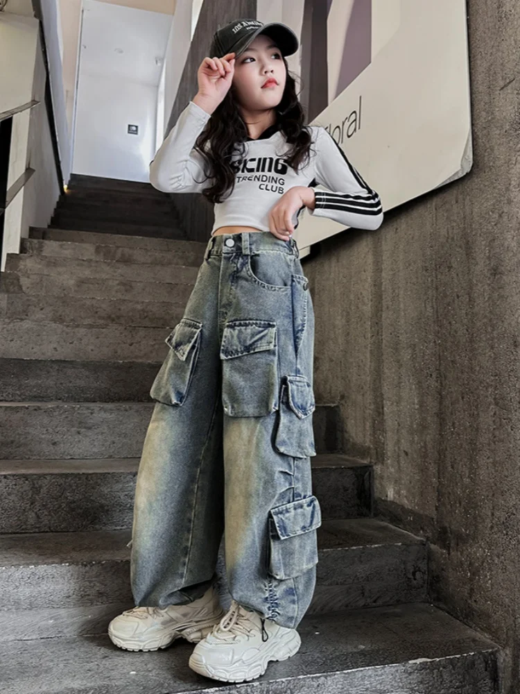 

2024 New Girls Jeans Wide-leg Pants Fashion Casual Cotton Pants Little Girl Party Street Style Pure Loose Straight Trousers