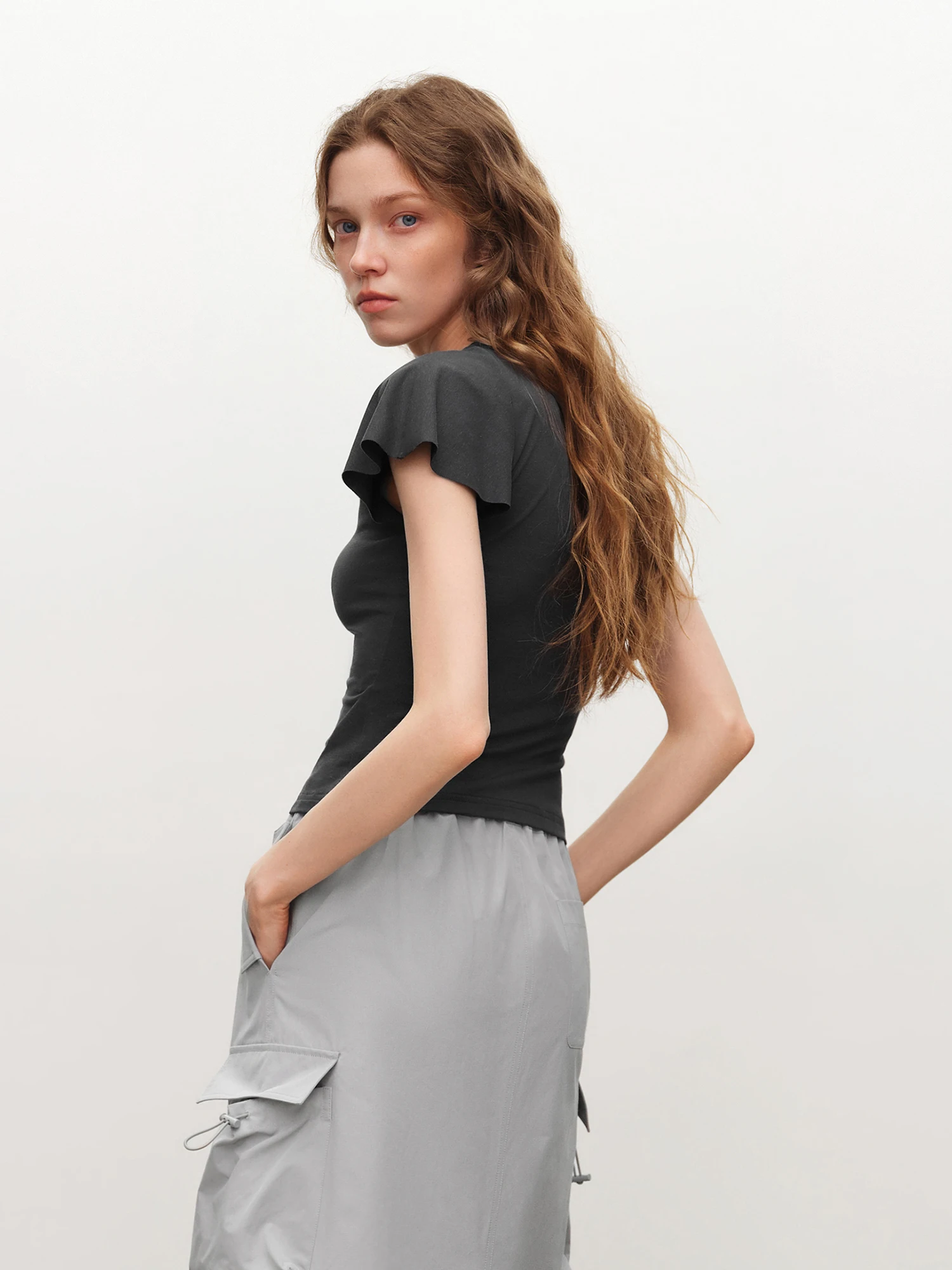 ZIQIAO 2026 Summer Women V-Neck Waist-Cinching Knit Top Ruffle Flutter Short Sleeve Slim Fit T-Shirt Coquette Soft Summer Style